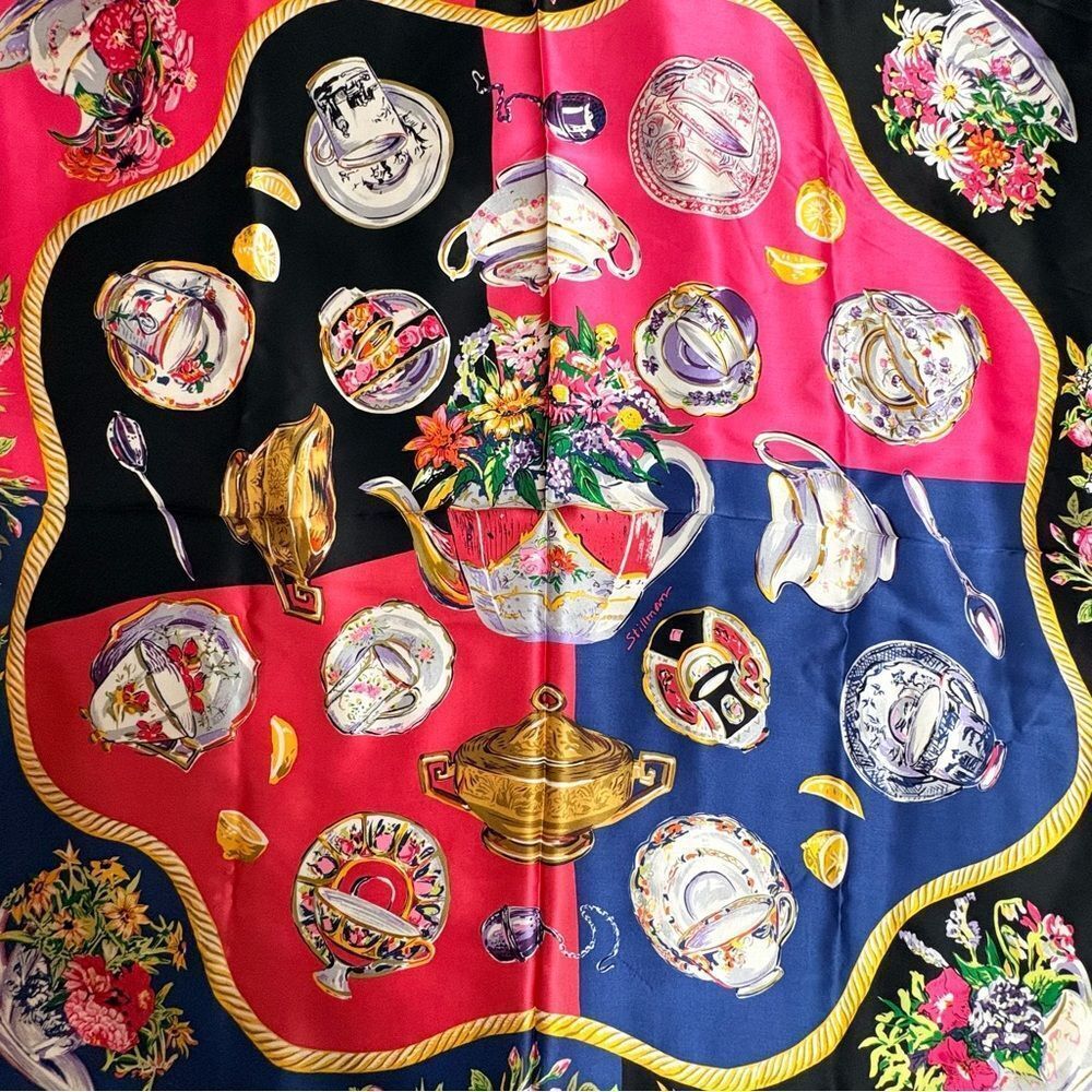 Vintage Eve Stillman Design Large Silk Scarf Teacups, Teapots & Flowers Print